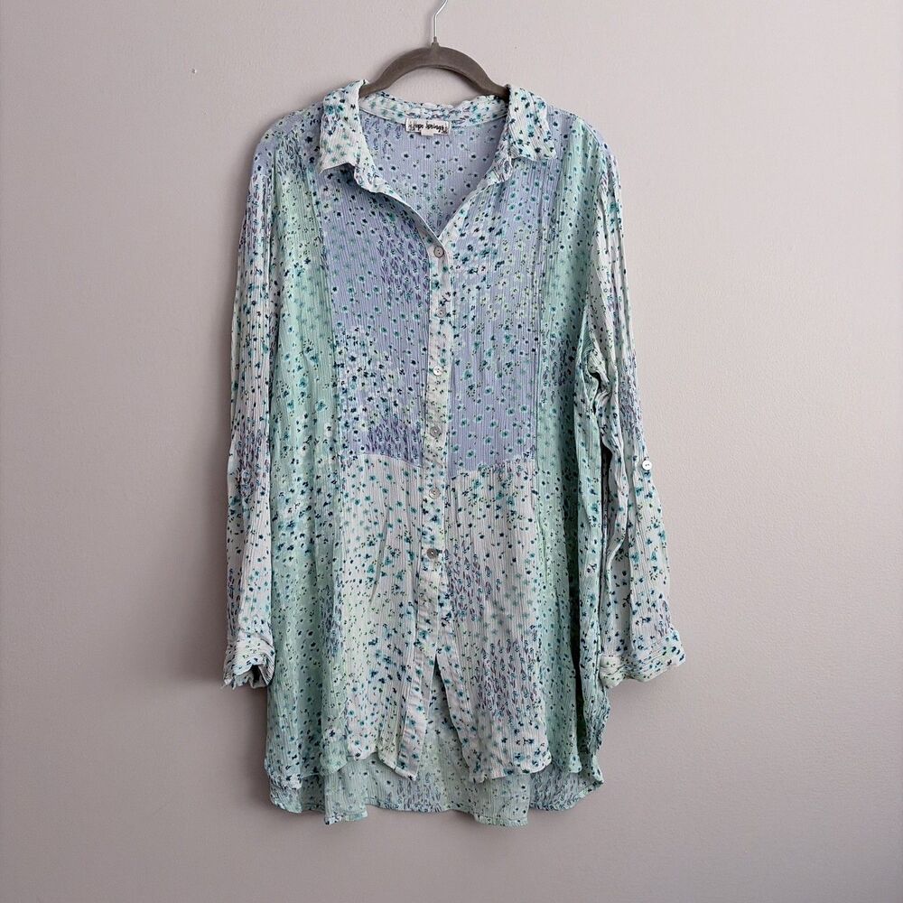 Hope Springs Mint Blue Floral Button Front Long Sleeve Blouse Size XL Boho